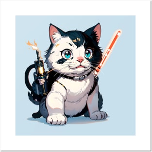 Star Cat Tshirt and Stickers Design Cute Cat Sci-Fi Characters Robot Carousel Posters and Art